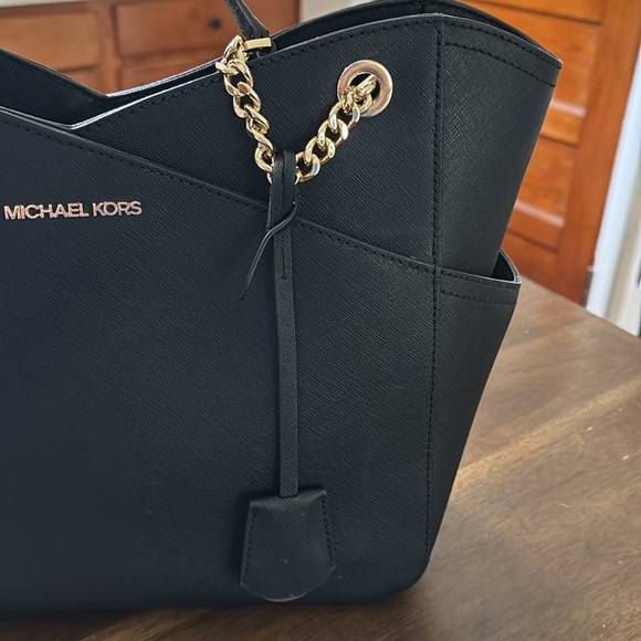 Michael Kors Black and Gold Tote with Chain Accents - Picture 8 of 11